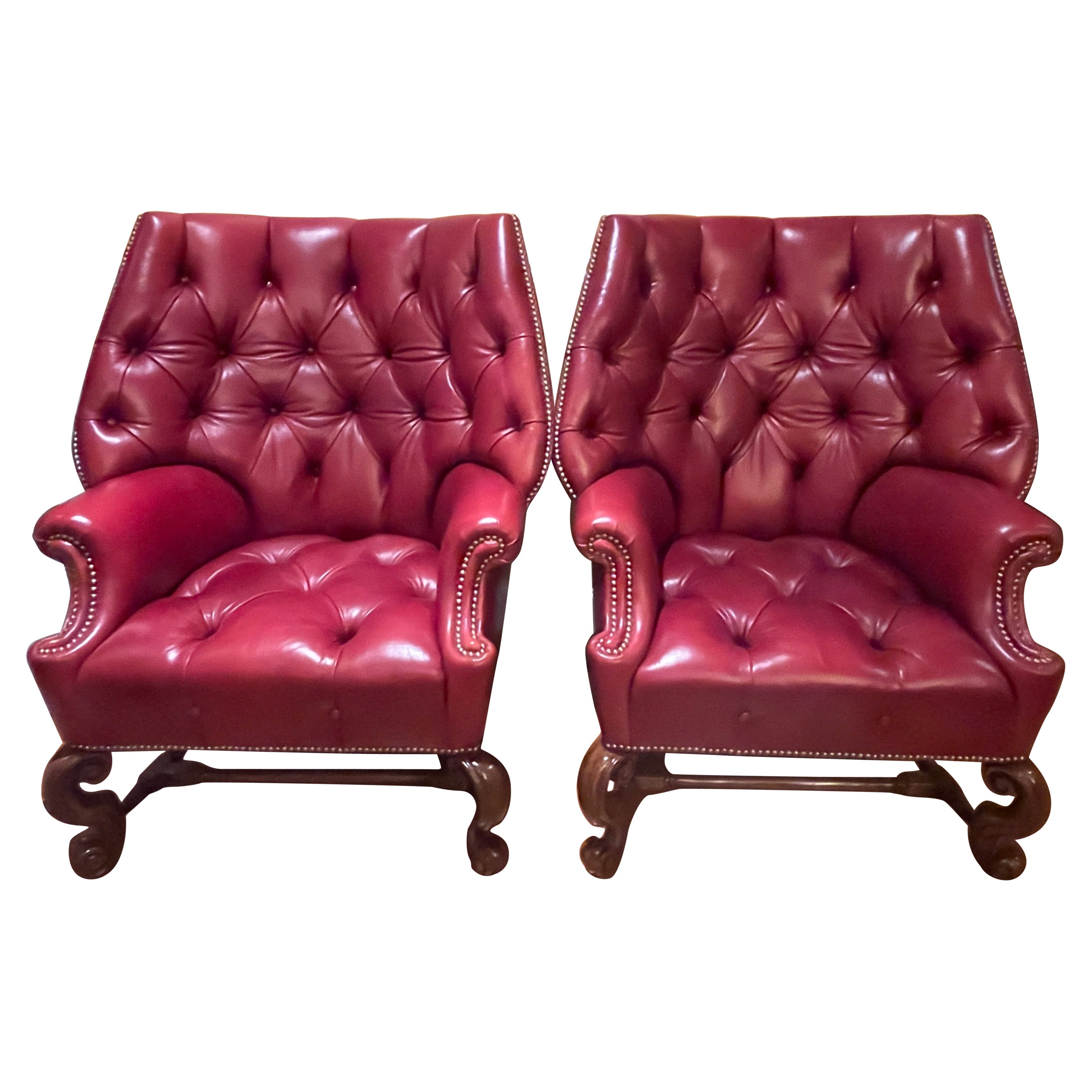 Pair of Oversized Tufted Leather Wingback Chairs, Georgian, Finest Quality For Sale