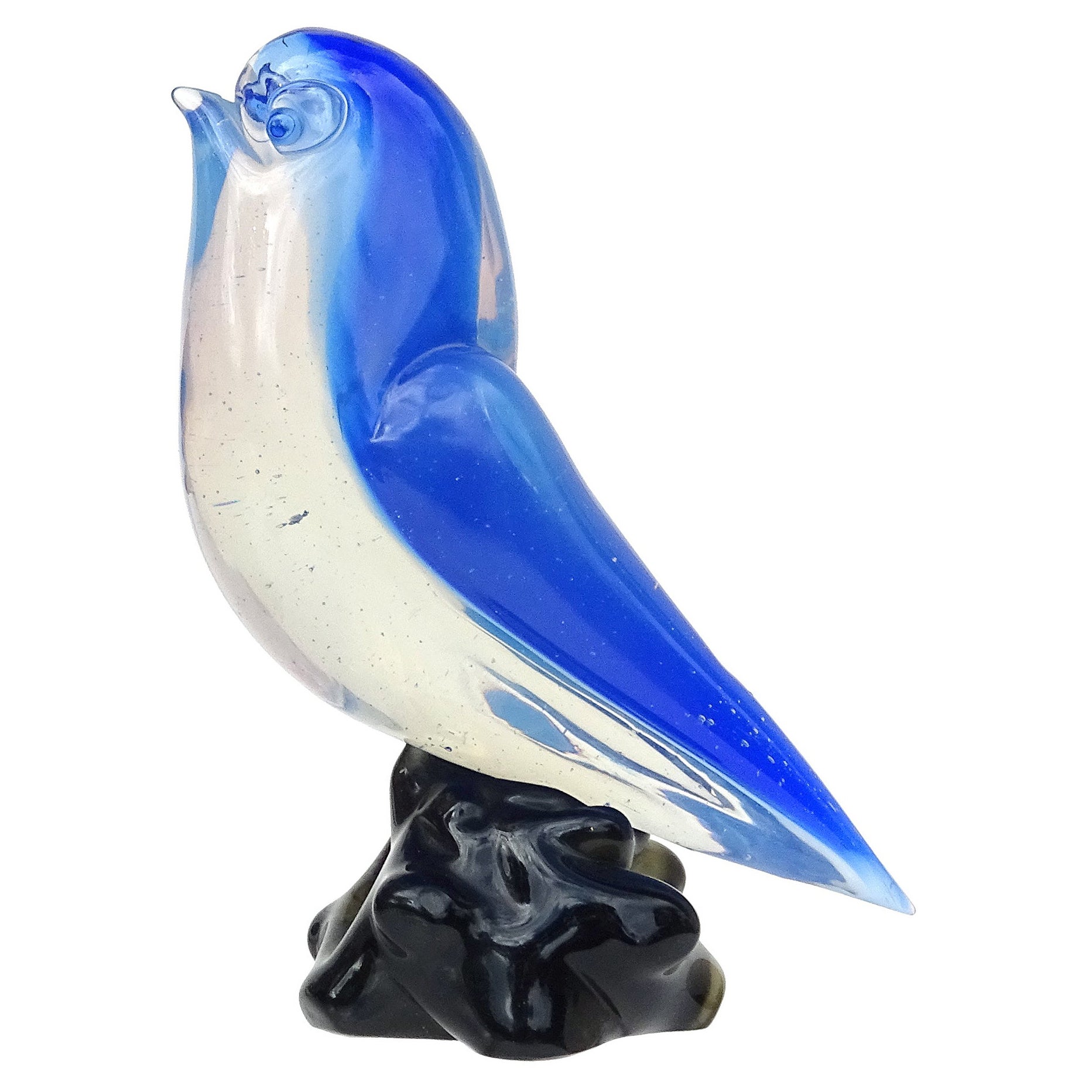 Figure d'oiseau en verre d'art italien Seguso Vetri d'Arte Murano vintage bleu opale et blanc