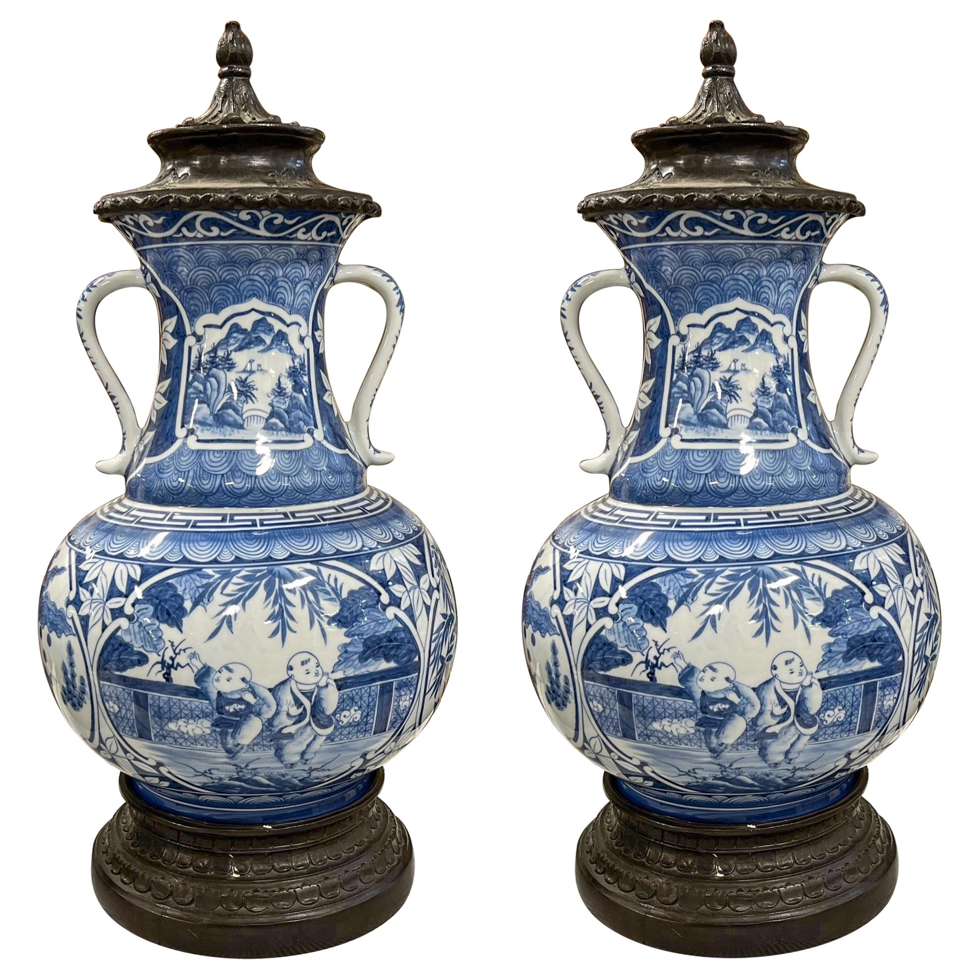 Maitland-Smith Blue & White Chinoiserie Ginger Jars with Bronze Accents, Pair For Sale