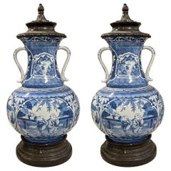 Maitland-Smith Blue & White Chinoiserie Ginger Jars with Bronze Accents, Pair