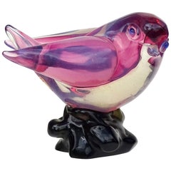 Seguso Vetri d'Arte Murano Vintage Pink Opal Black Italian Art Glass Bird Figure