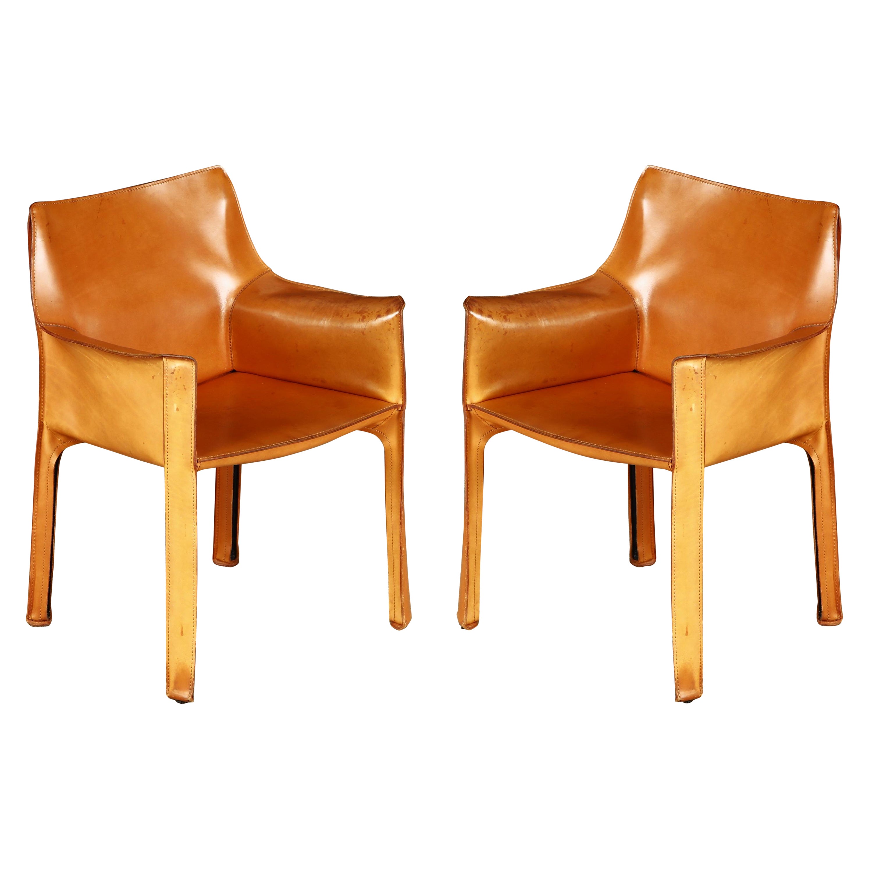 Pair of Cognac Brown Leather Cab Armchairs by Mario Bellini for Cassina, Signed