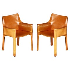 Pair of Cognac Brown Leather Cab Armchairs by Mario Bellini for Cassina, Signed