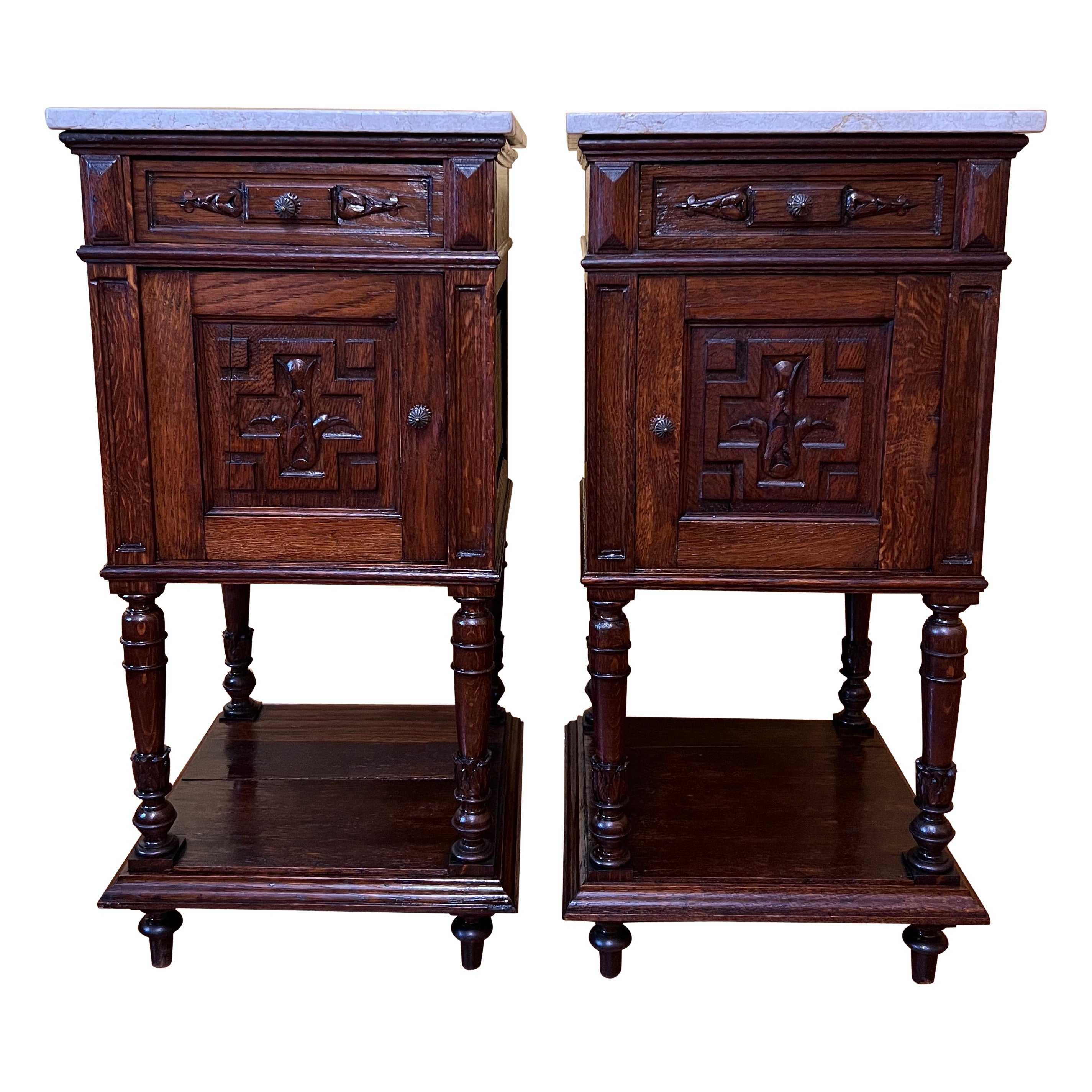 Antique French Oak 19th Century Marble Top Bedside Tables For Sale