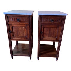Antique French Oak 1910 Marble Top Bedside Tables Pair
