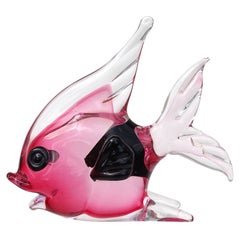 Seguso Murano Sommerso Pink Black Italian Art Glass Fish Figurine Paperweight