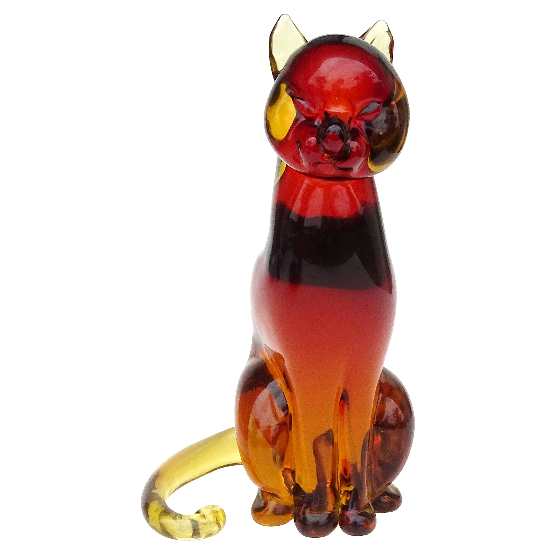 Seguso Murano Sommerso-Skulptur einer Katzenskulptur aus italienischem Kunstglas in Rot und Orange