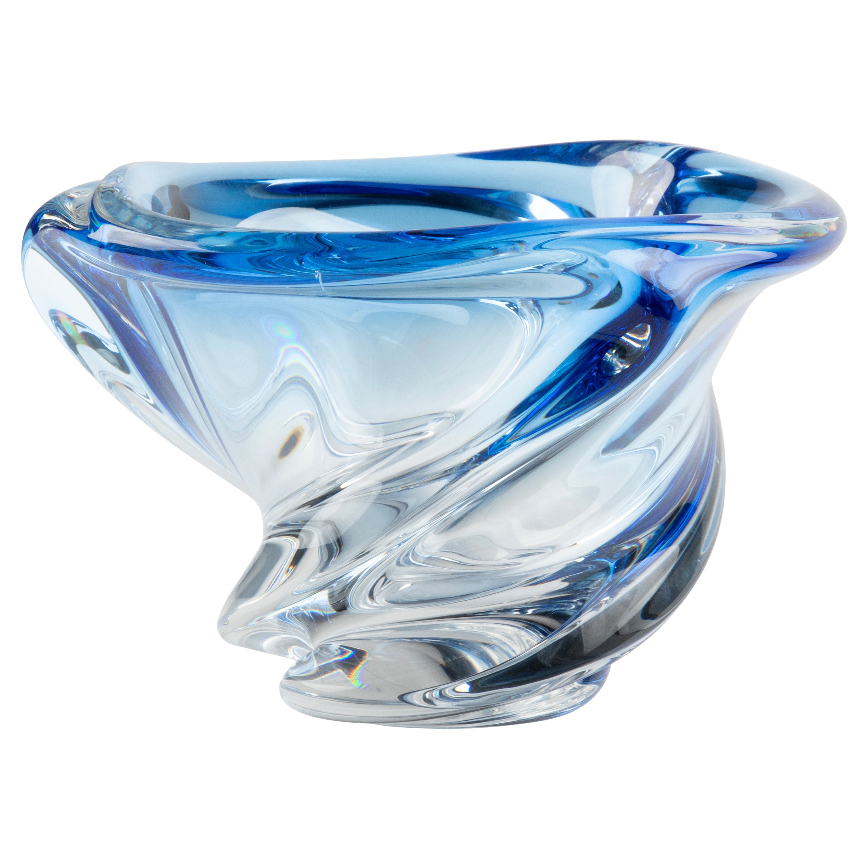 Gran jarrón de cristal azul de los años 50 con forma libre de Val Saint Lambert