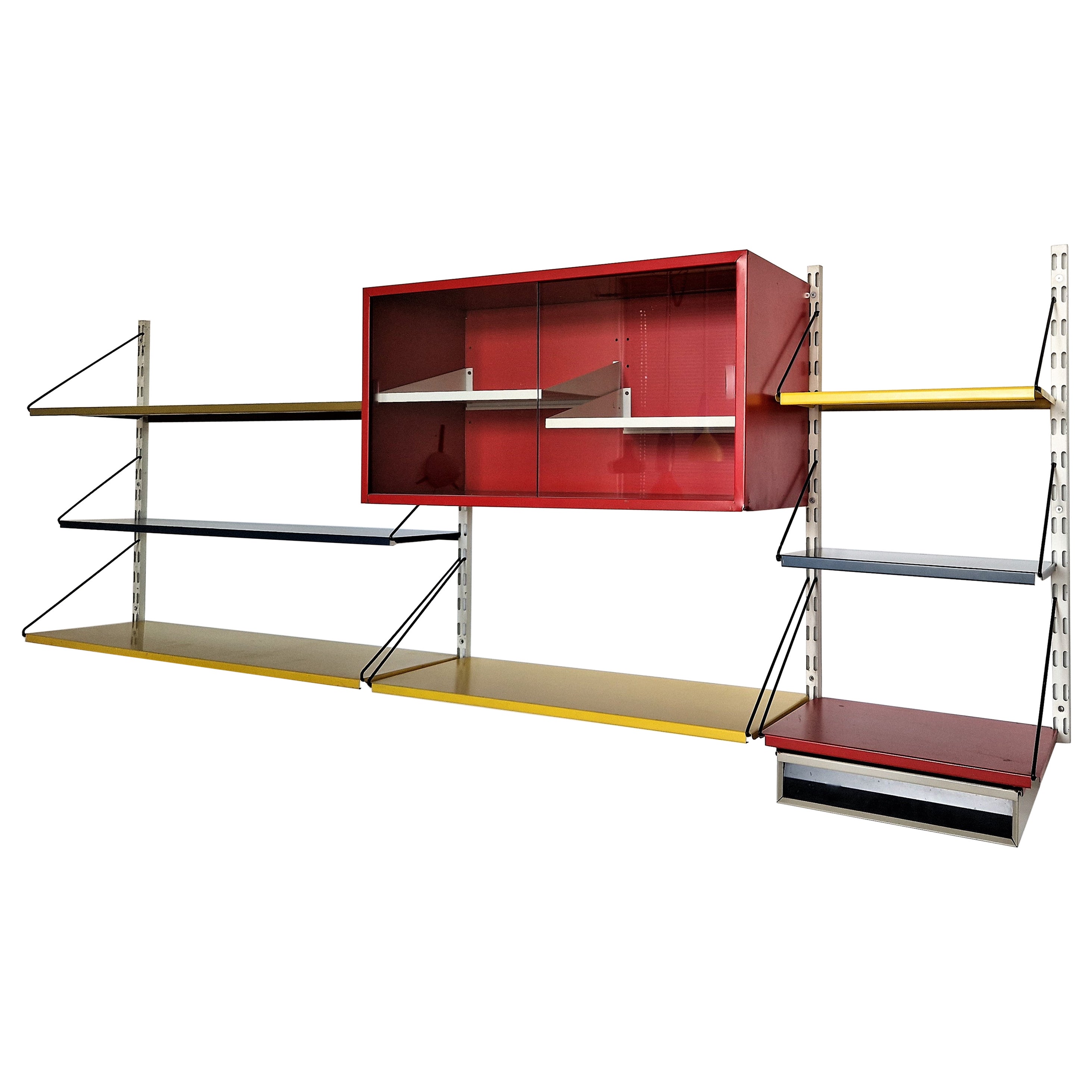 Metal Wall Unit in Red, Yellow and Blue by Tjerk Rijenga for Pilastro, 1950's For Sale