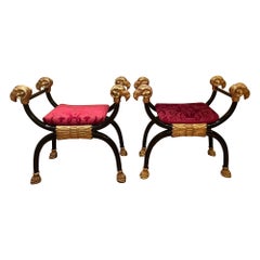 Pair of Hollywood Regency Rams Heads Foot Stools, Piano Benches, Ebony & Gilt