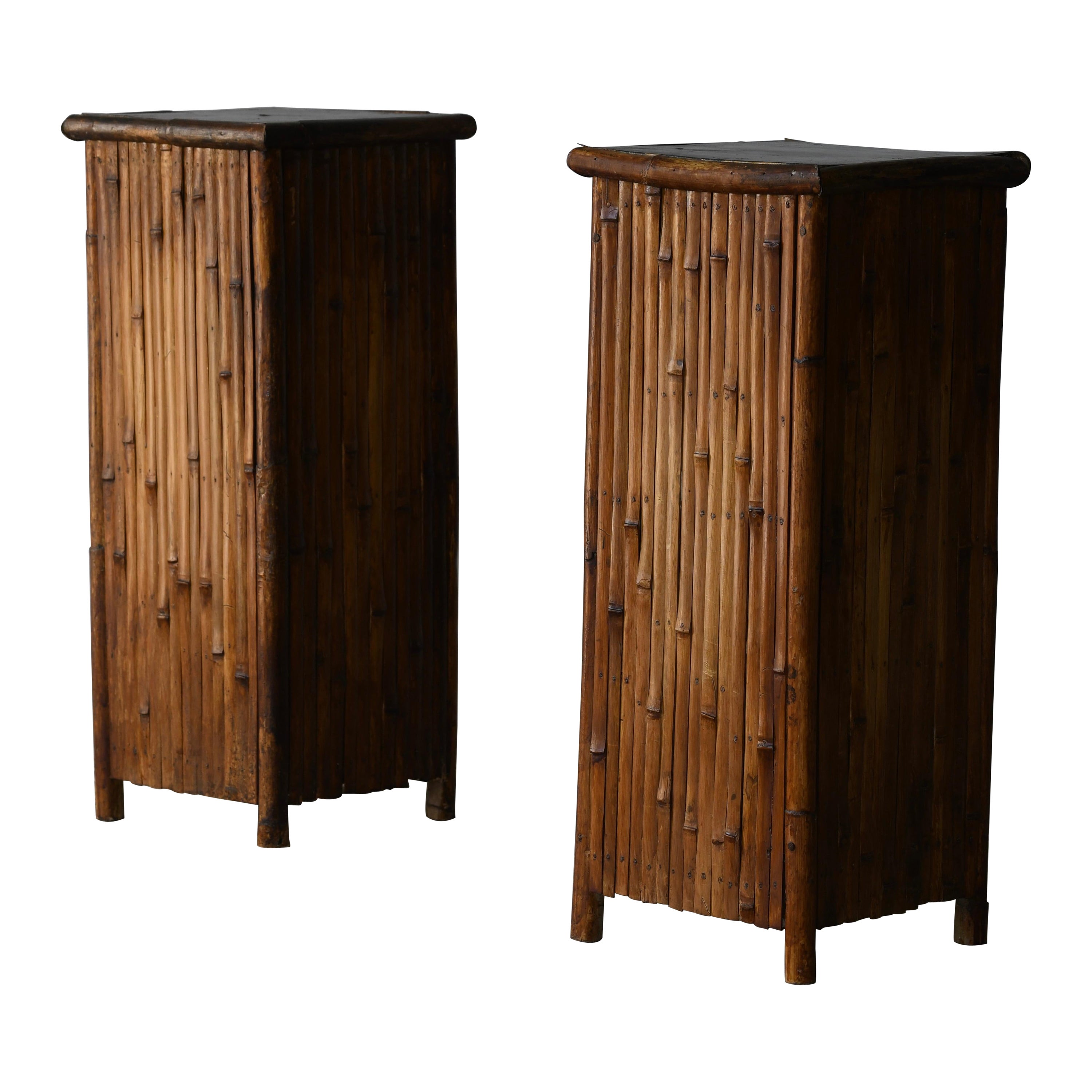 Patinated Bamboo & Rattan Lamp or Plant Stands For Sale