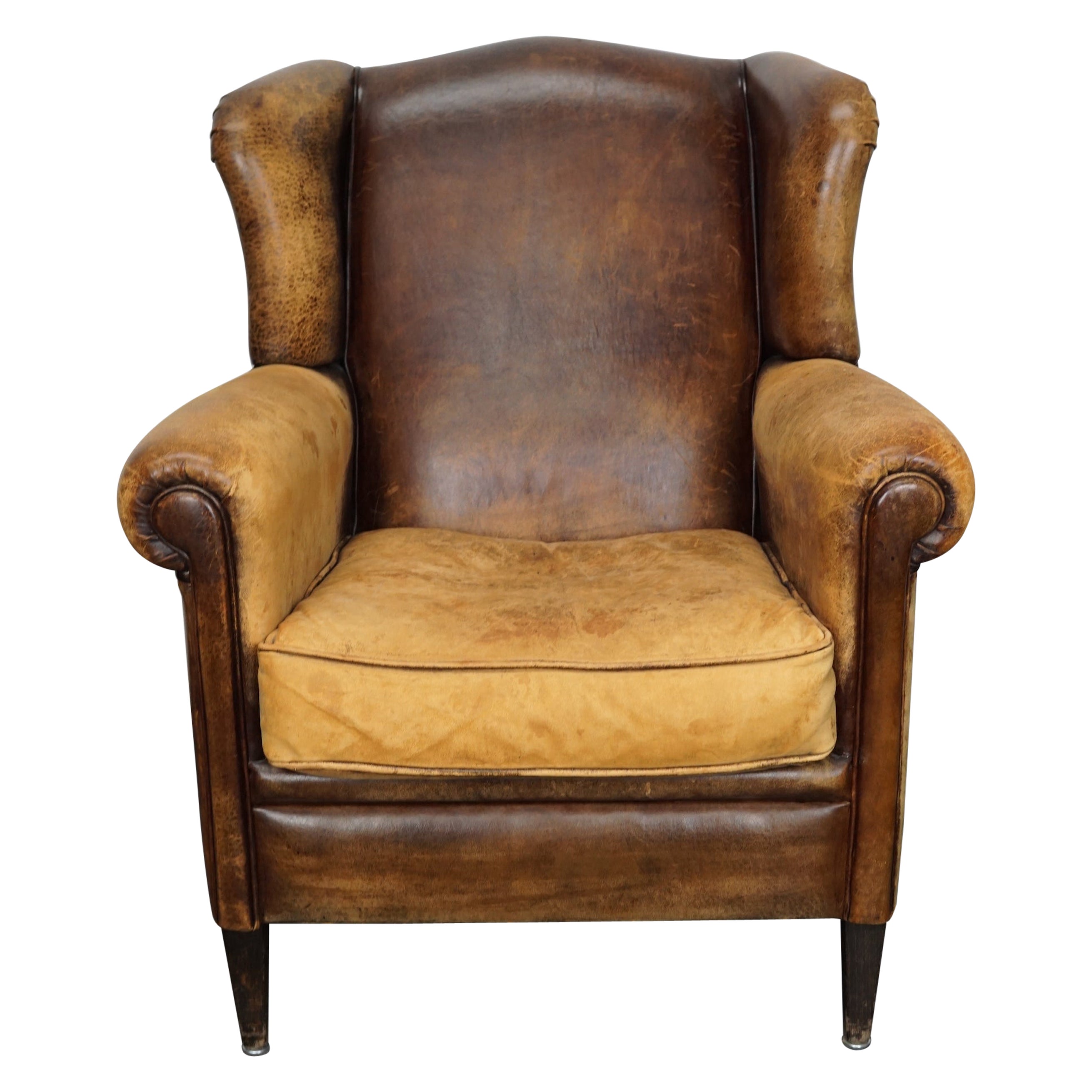 Vintage Dutch Cognac Colored Wingback Leather Club Chair For Sale