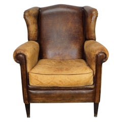 Vintage Dutch Cognac gefärbt Wingback Leder Clubsessel