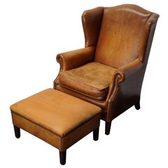 Vintage Dutch Cognac Colored Wingback Leather Club Chair with Footstool