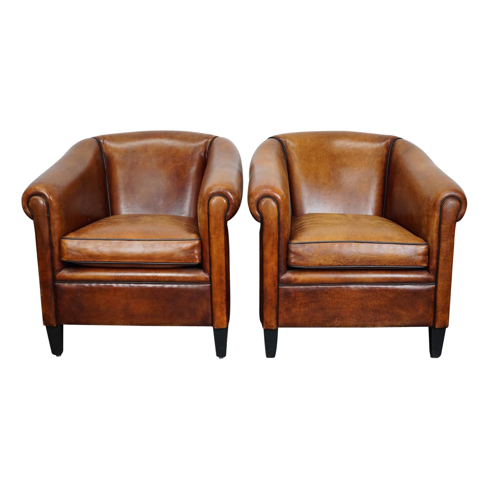 Vintage Dutch Cognac Colored Leather Club Chair, Set of 2 For Sale at