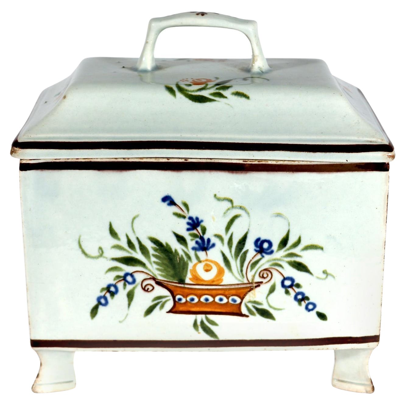 Inusual caja de cerámica Swansea Prattware Pearlware con tapa Botanical Tea Caddy Box