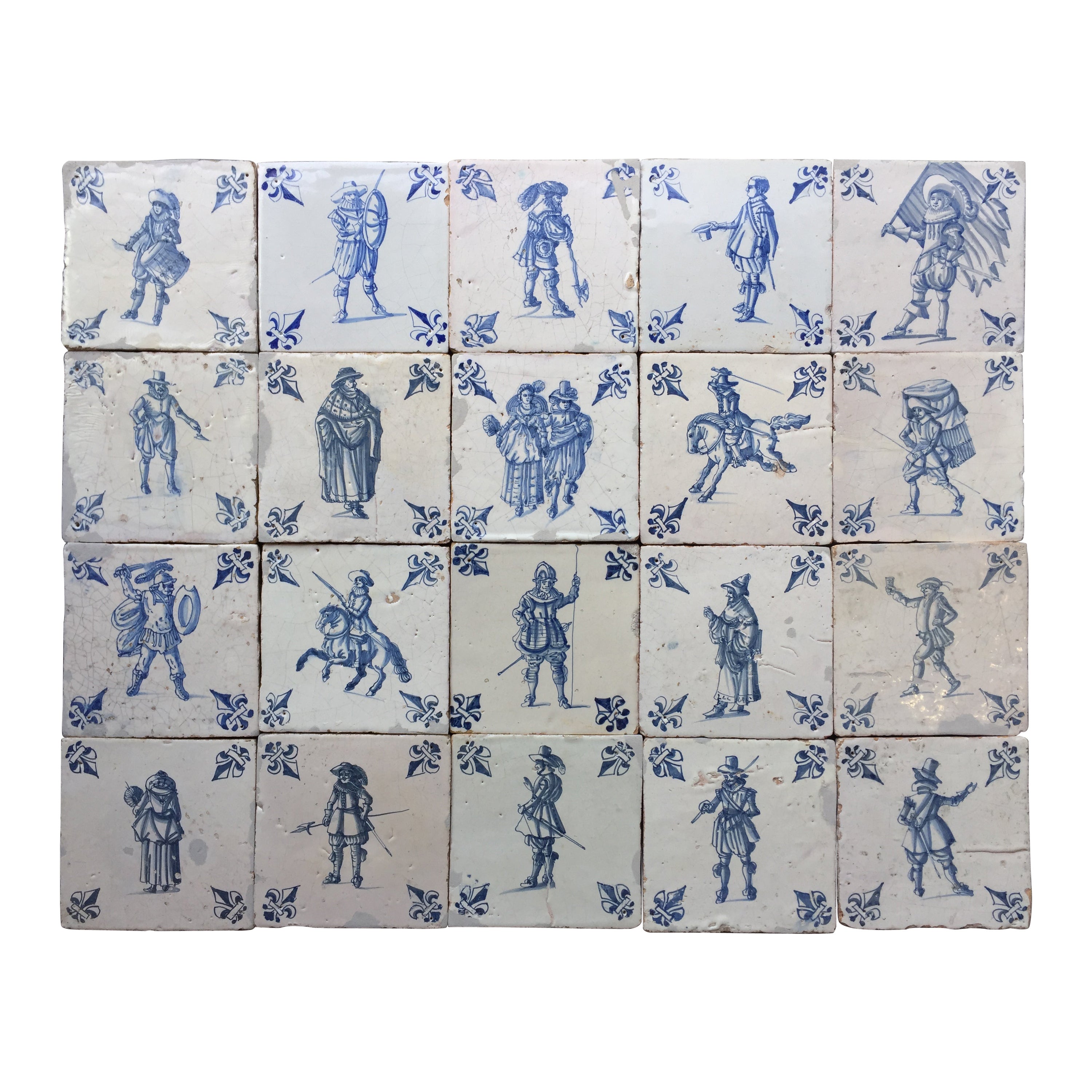 Außergewöhnlicher Satz von 20 blauen und weißen niederländischen Delfter Kacheln mit Figuren