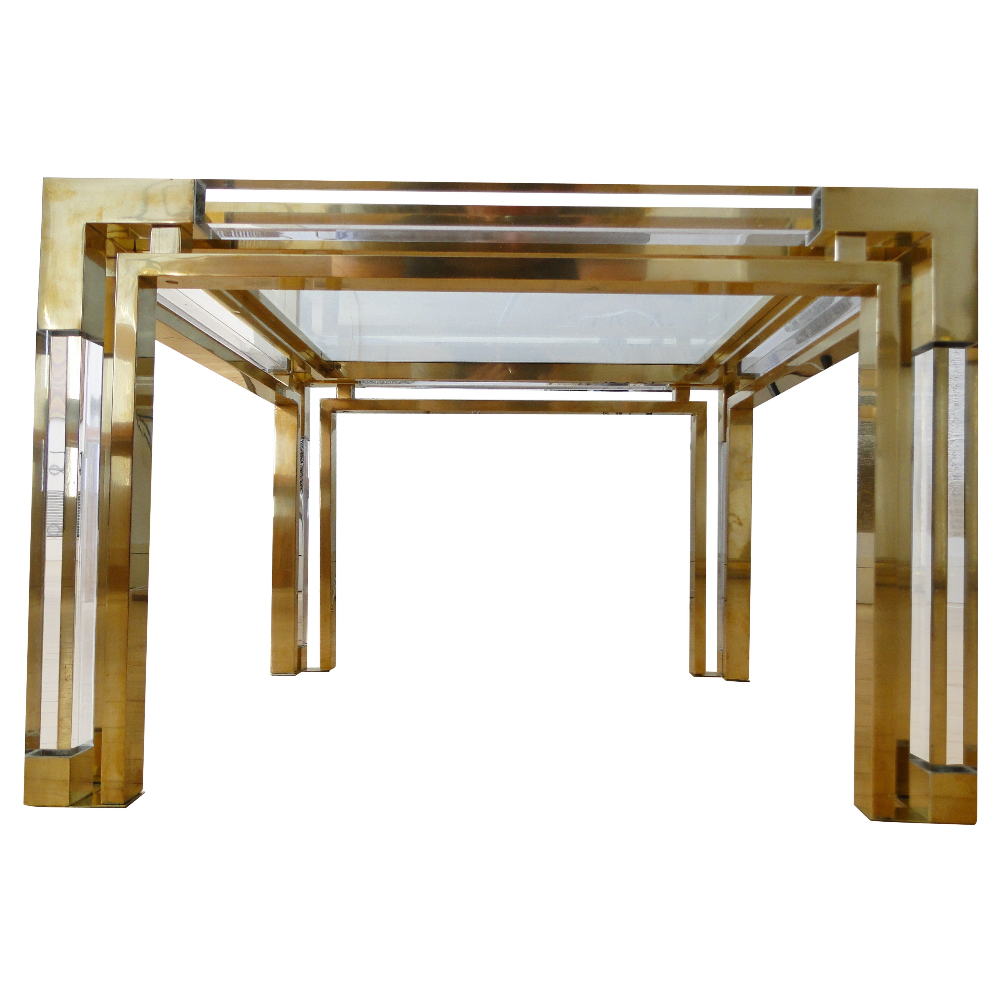 Charles Hollis Jones Lucite and Brass Italian Square Cocktail Table For Sale