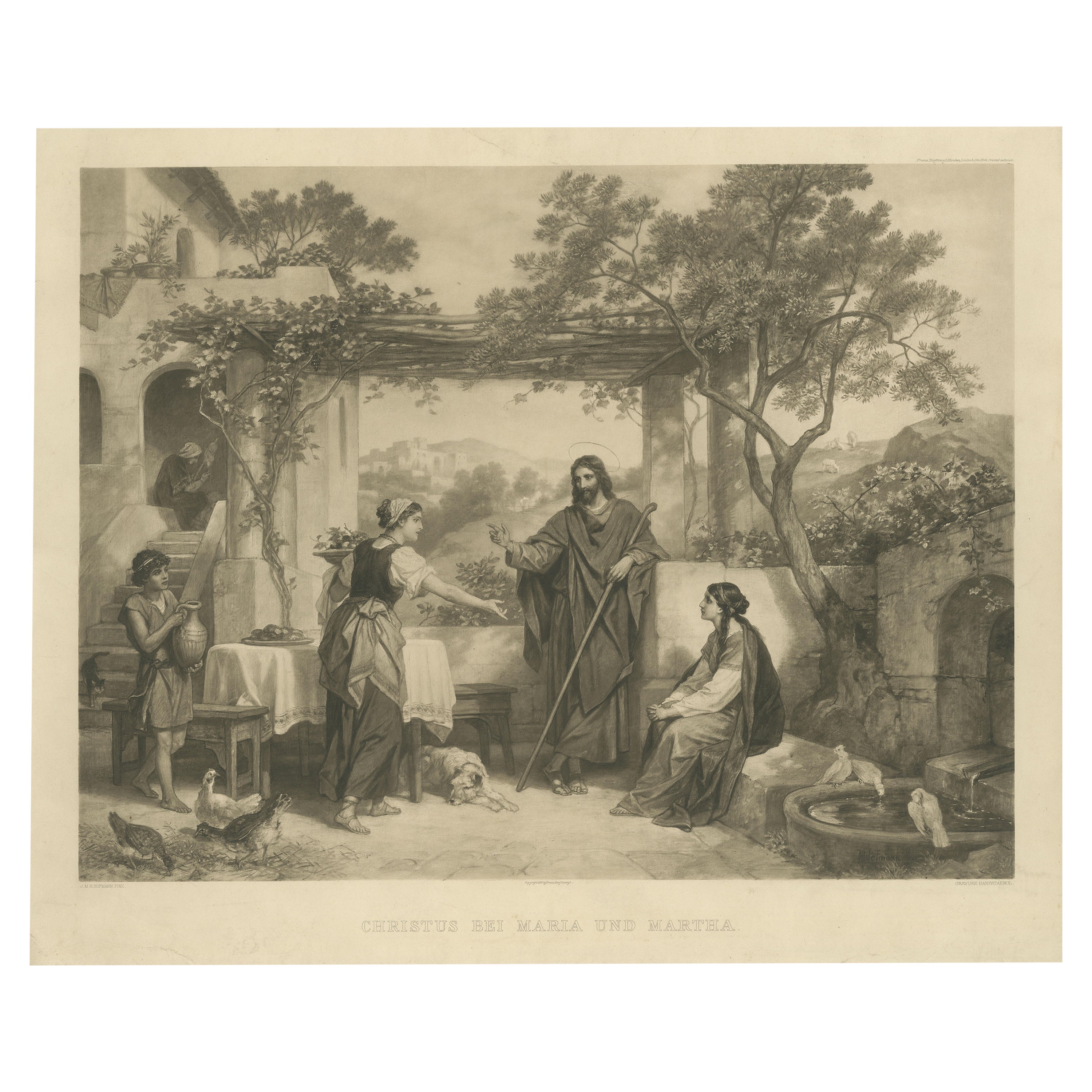 Large Antique Print of Jesus at the Home of Martha and Mary
