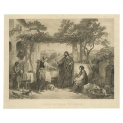 Large Antique Print of Jesus at the Home of Martha and Mary