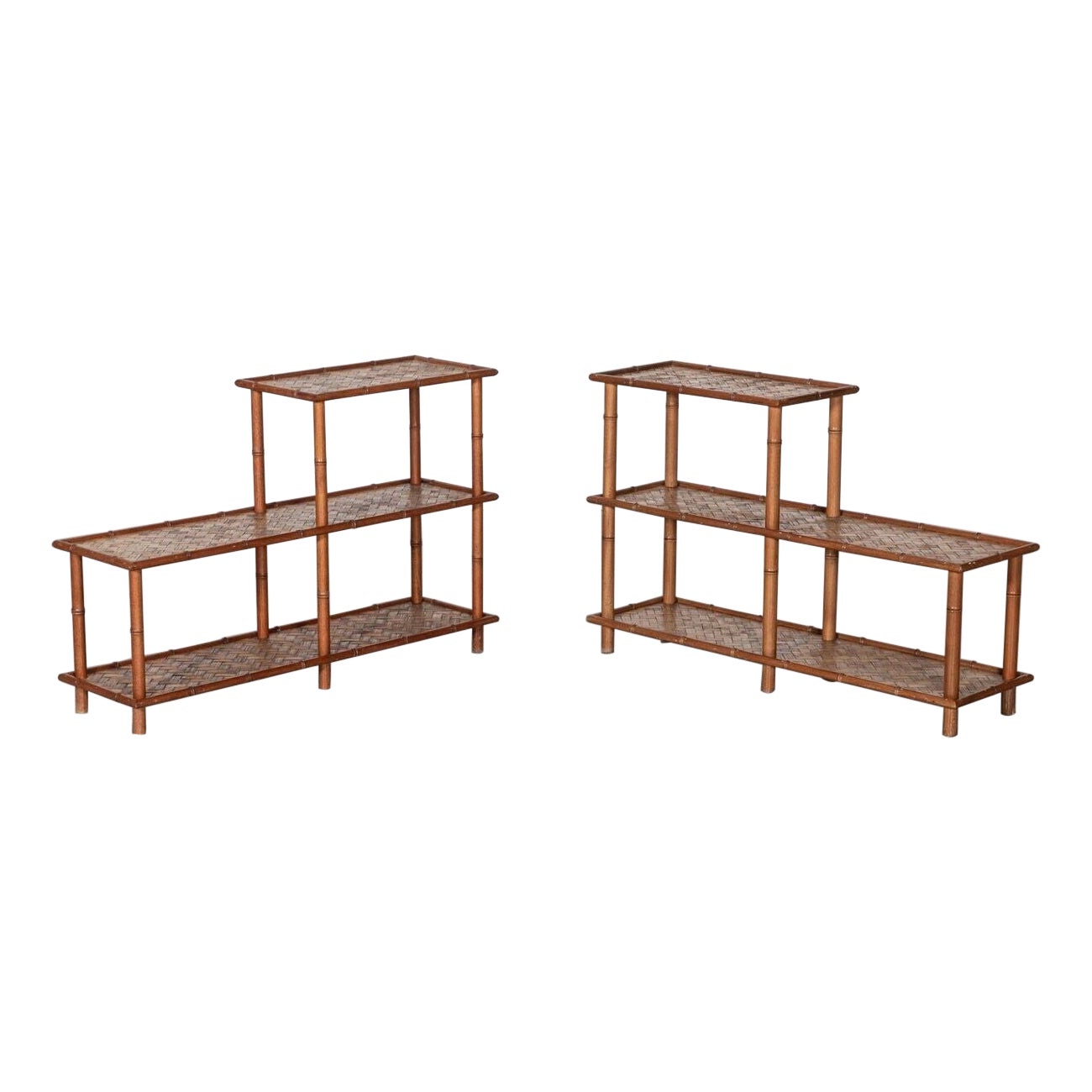 Pair French Mid Century Faux Bamboo Beech & Rattan Etageres For Sale