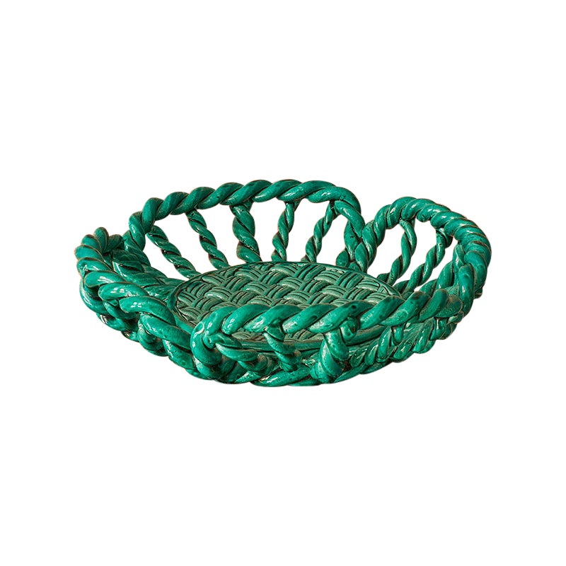 Vintage Vallauris Woven Ceramic Basket in Green Glaze, France, 1940's For Sale