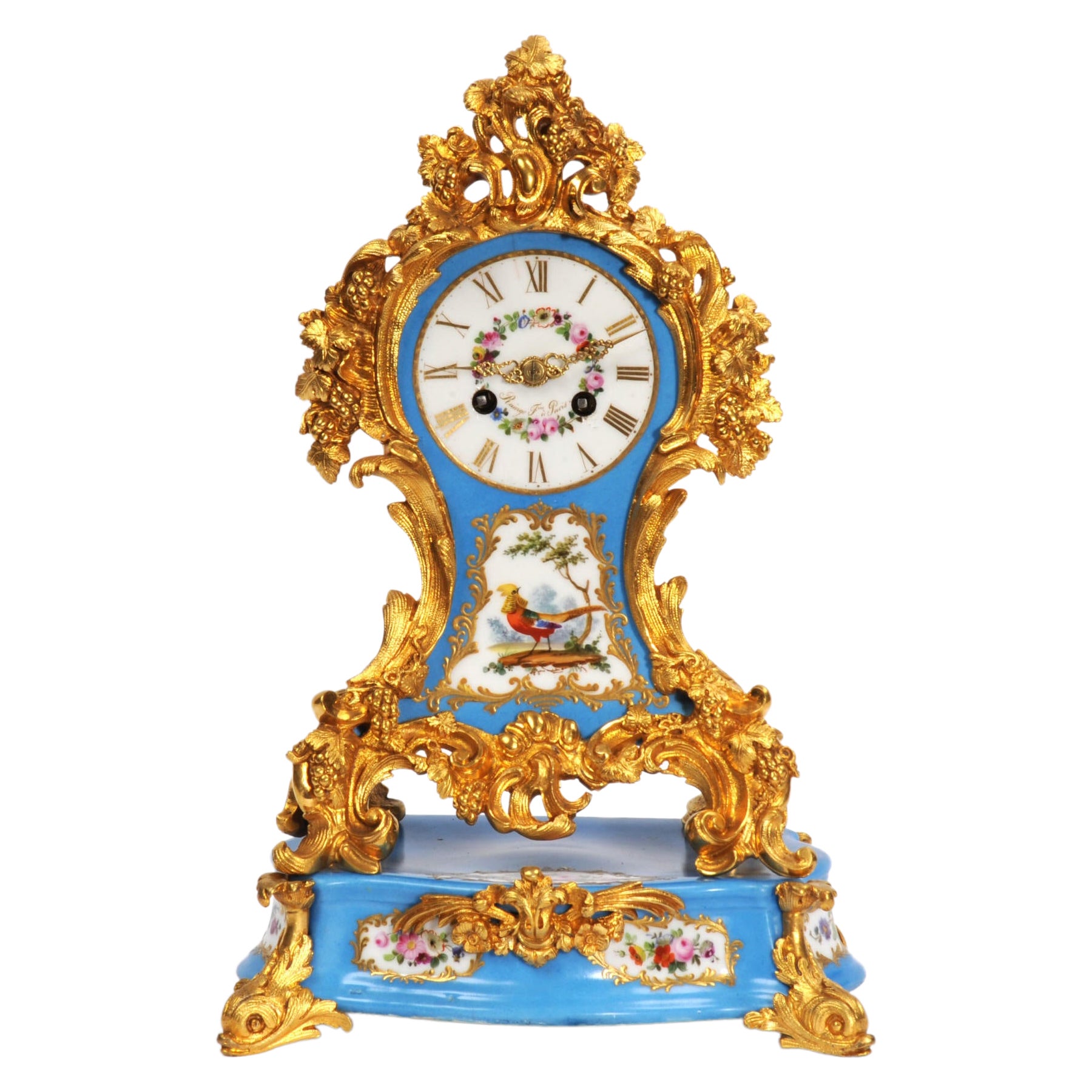Horloge française ancienne en bronze doré et porcelaine de Raingo Freres