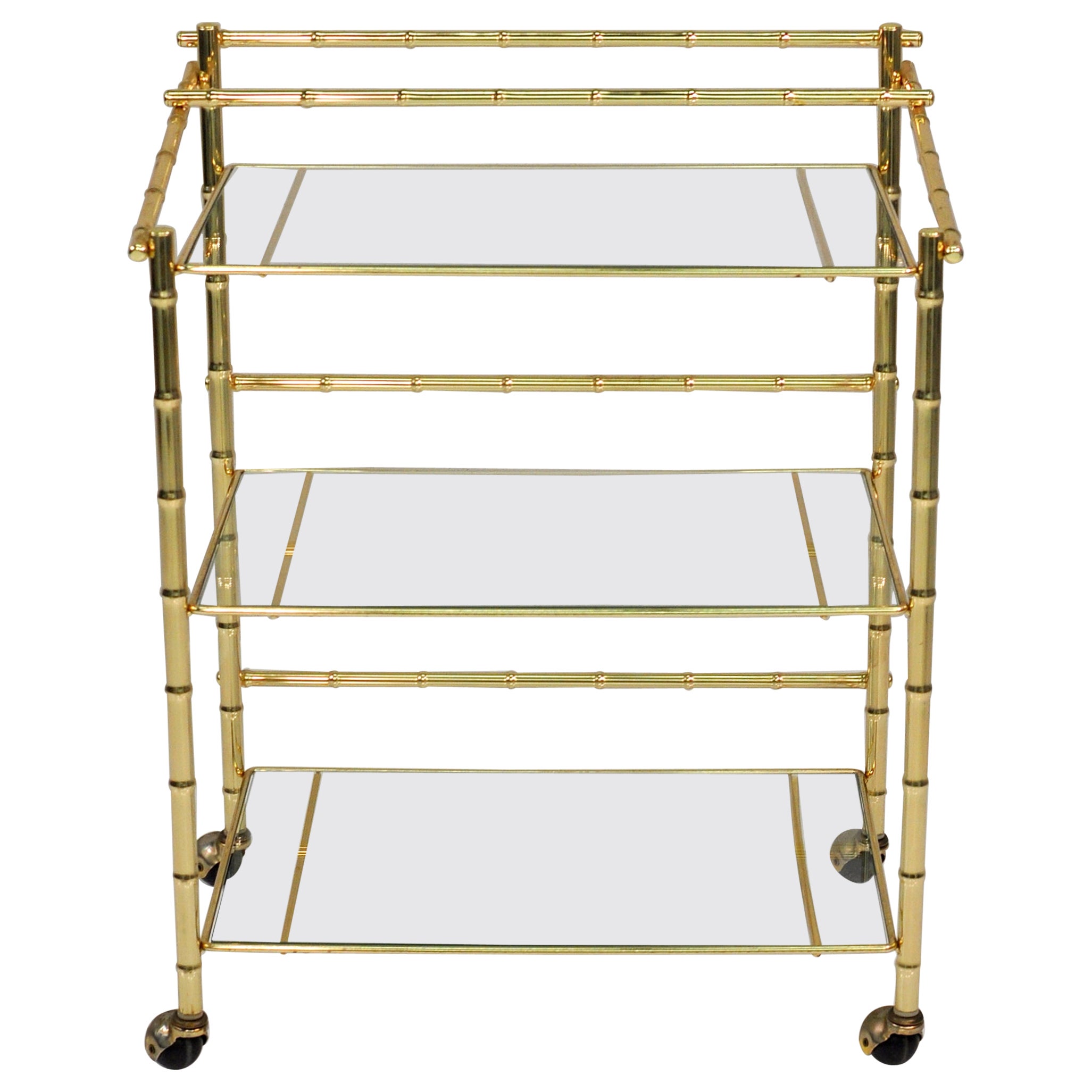 Three-Tiered Brass Bamboo Bar Cart For Sale