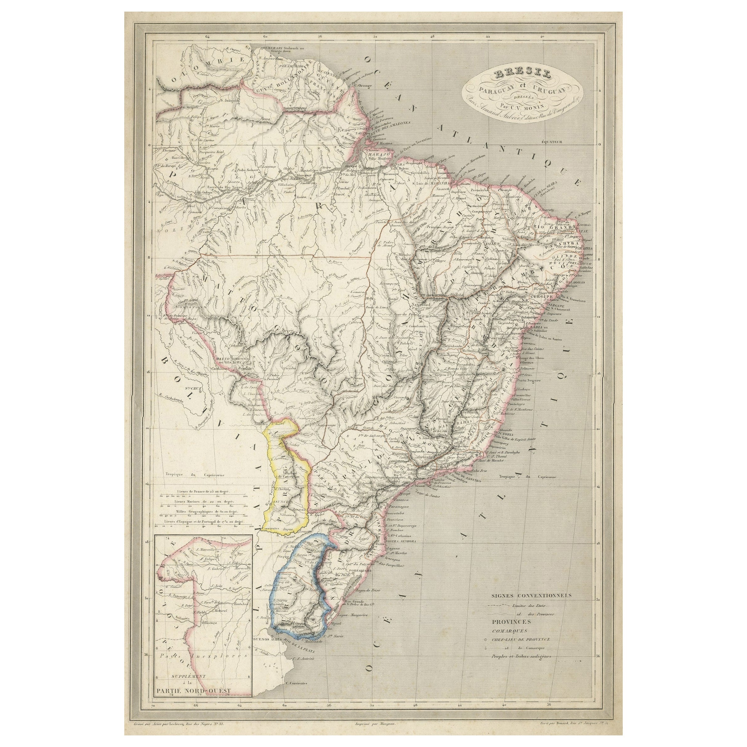 Antique Map of of Brazil, Paraguay and Uruguay For Sale