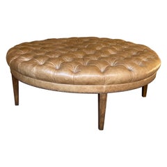 Custom Fabricated Large Round Leather Tufted Ottoman