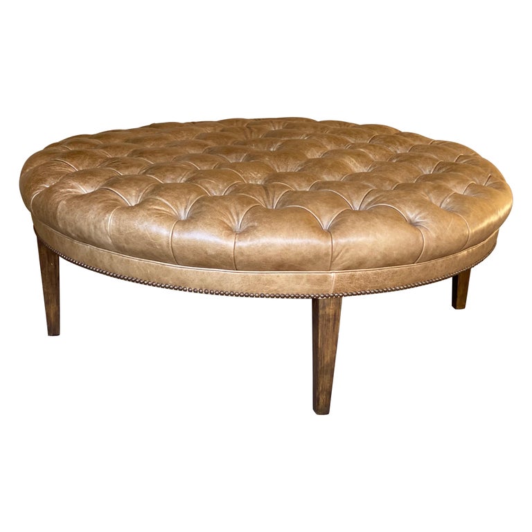 Custom Fabricated Large Round Leather Tufted Ottoman For Sale at 1stDibs