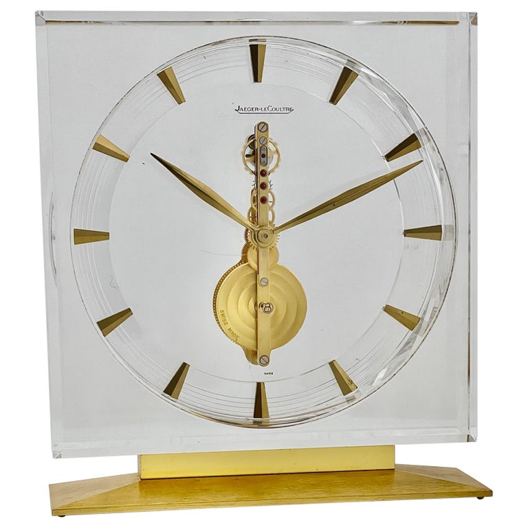 JaegerLeCoultre Mid Century Brass and Lucite Inline Skeleton Clock No