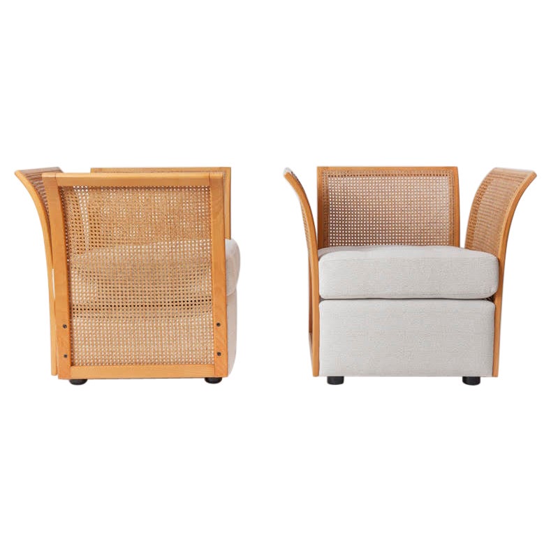 Suite of Italian Furniture in Wood and Woven Rattan (Loveseat & Two Armchairs) For Sale