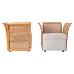 Suite of Italian Furniture in Wood and Woven Rattan (Loveseat & Two Armchairs)