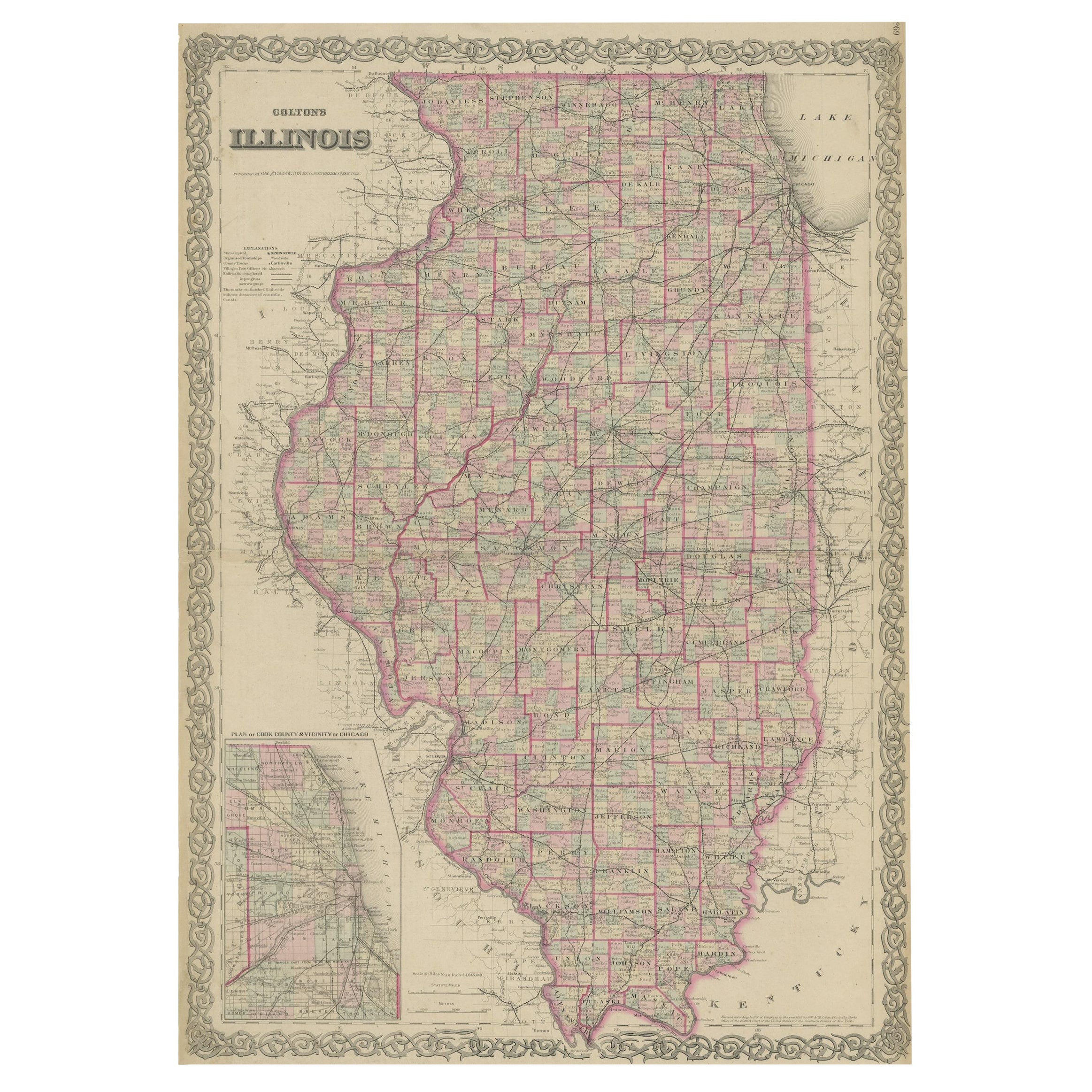 Colton''s Karte von Illinois, mit einem Ausschnitt aus Chicago im Angebot