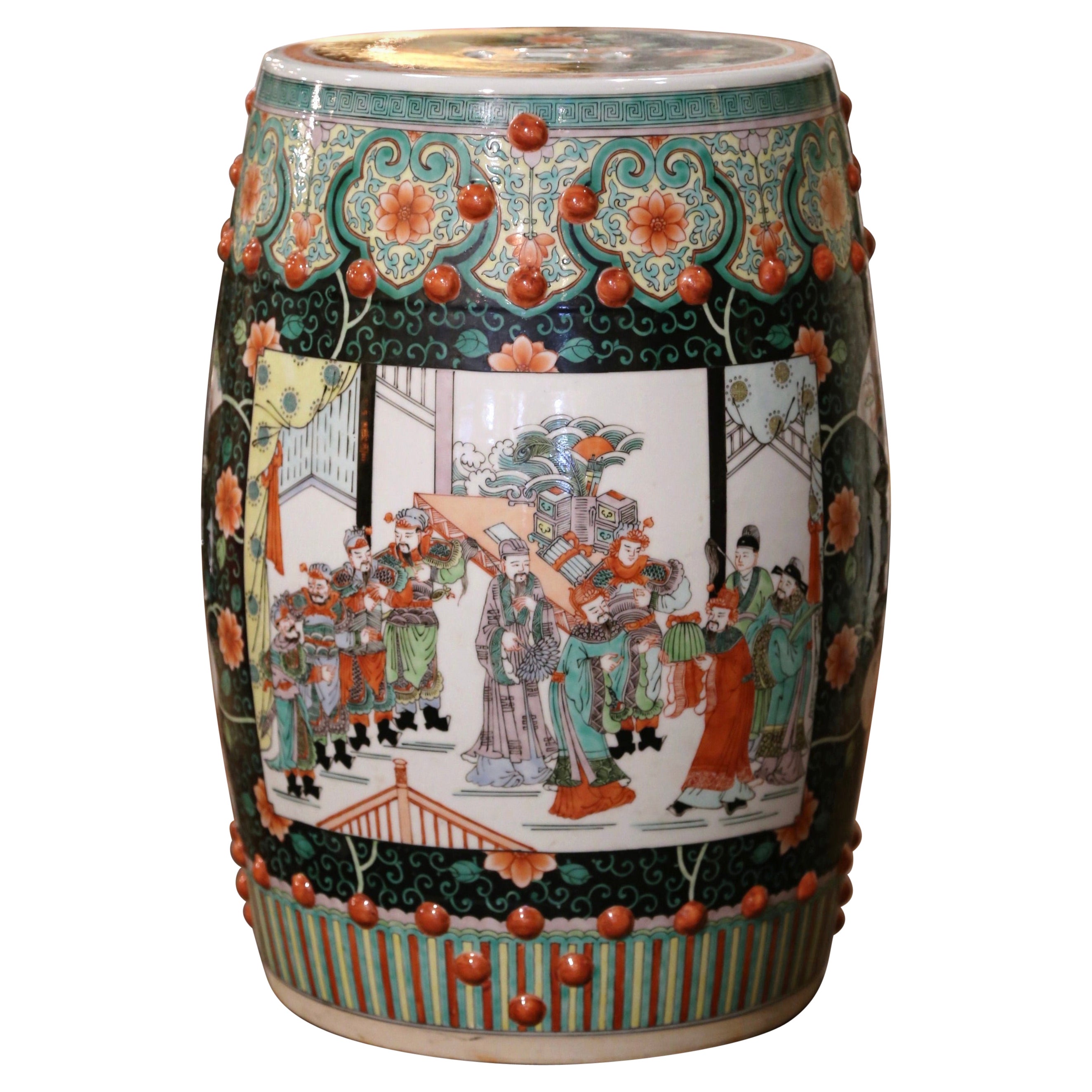 Mid-Century Chinese Porcelain Garden Stool with Figural & Floral Motifs For Sale