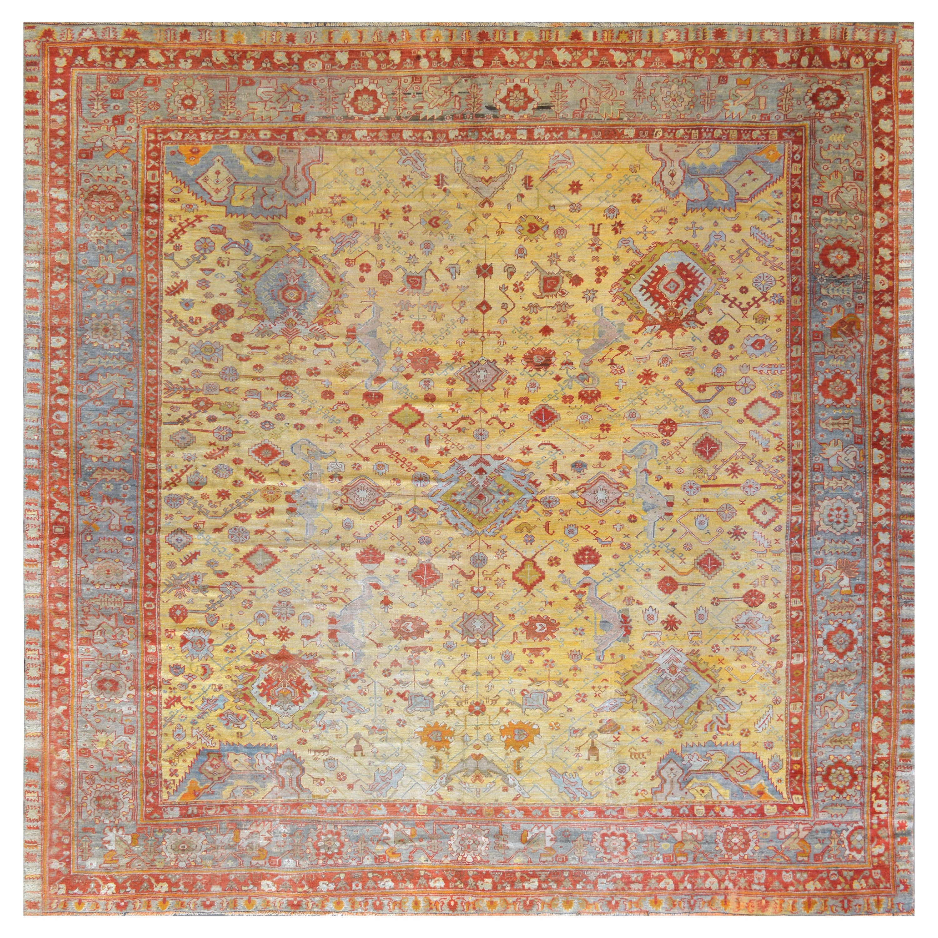 Late 19th Century Antique Handwoven Square Oushak Rug For Sale