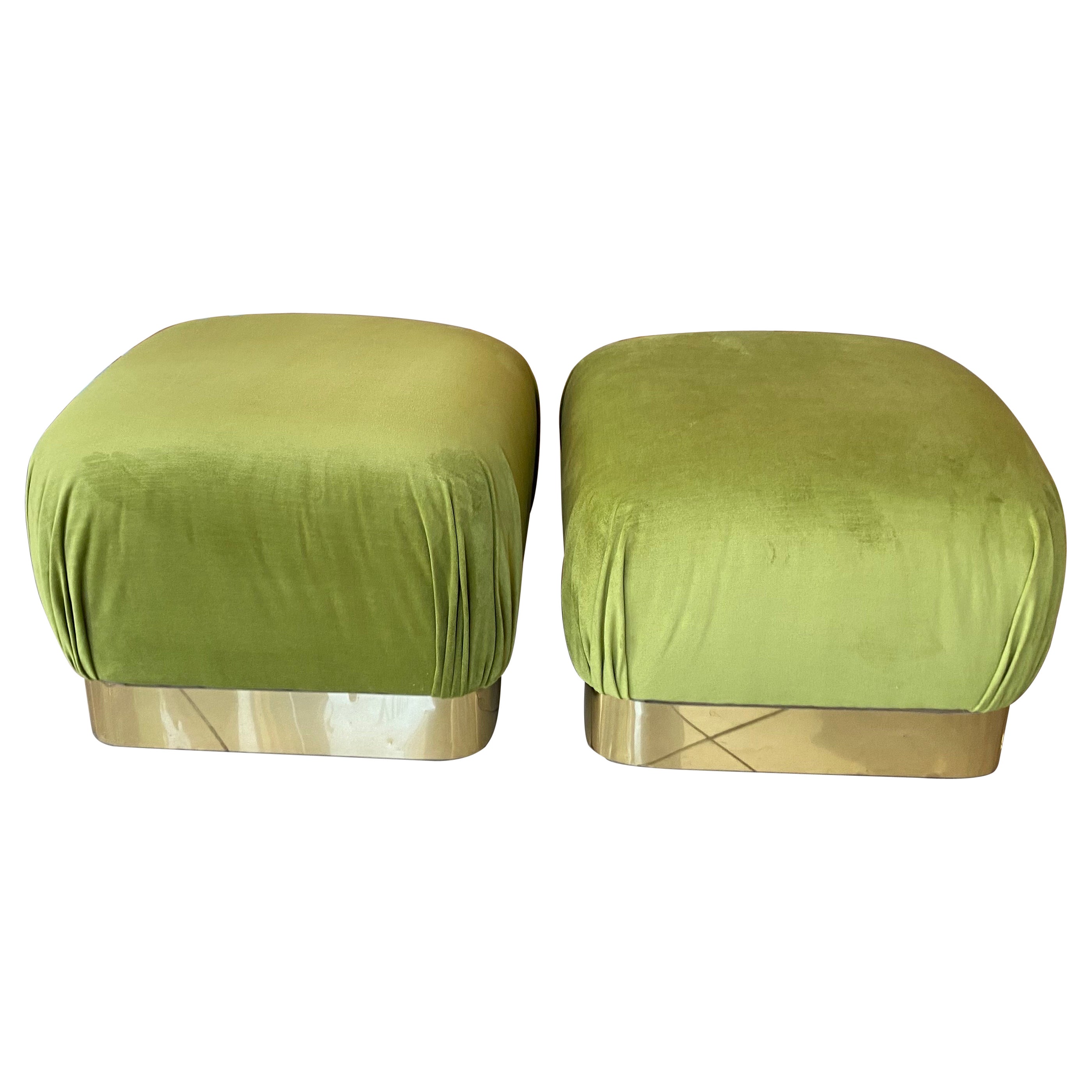 Vintage Pair Upholstered Green Velvet Brass Benches Poufs Karl Springer Style For Sale