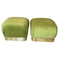 Retro Pair Upholstered Green Velvet Brass Benches Poufs Karl Springer Style