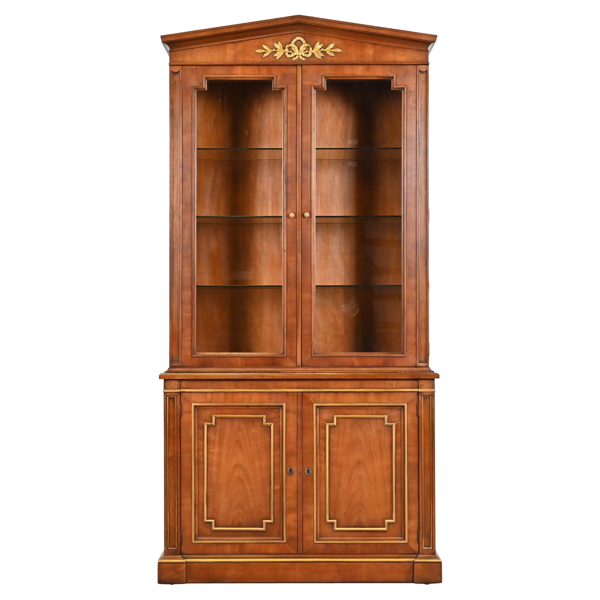 Kindel Furniture Neoclassical Cherry and Gold Gilt Breakfront Bookcase Cabinet