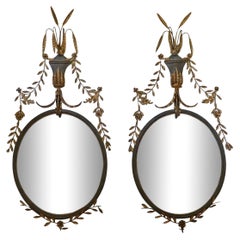 Rare paire de miroirs ovales monumentaux de 80 pouces en laiton de style Adams Circa 1900