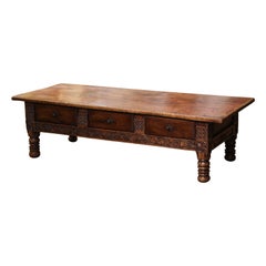Antique Mid-18th Century French Louis XIII Carved Chestnut Three Drawers Coffee Table