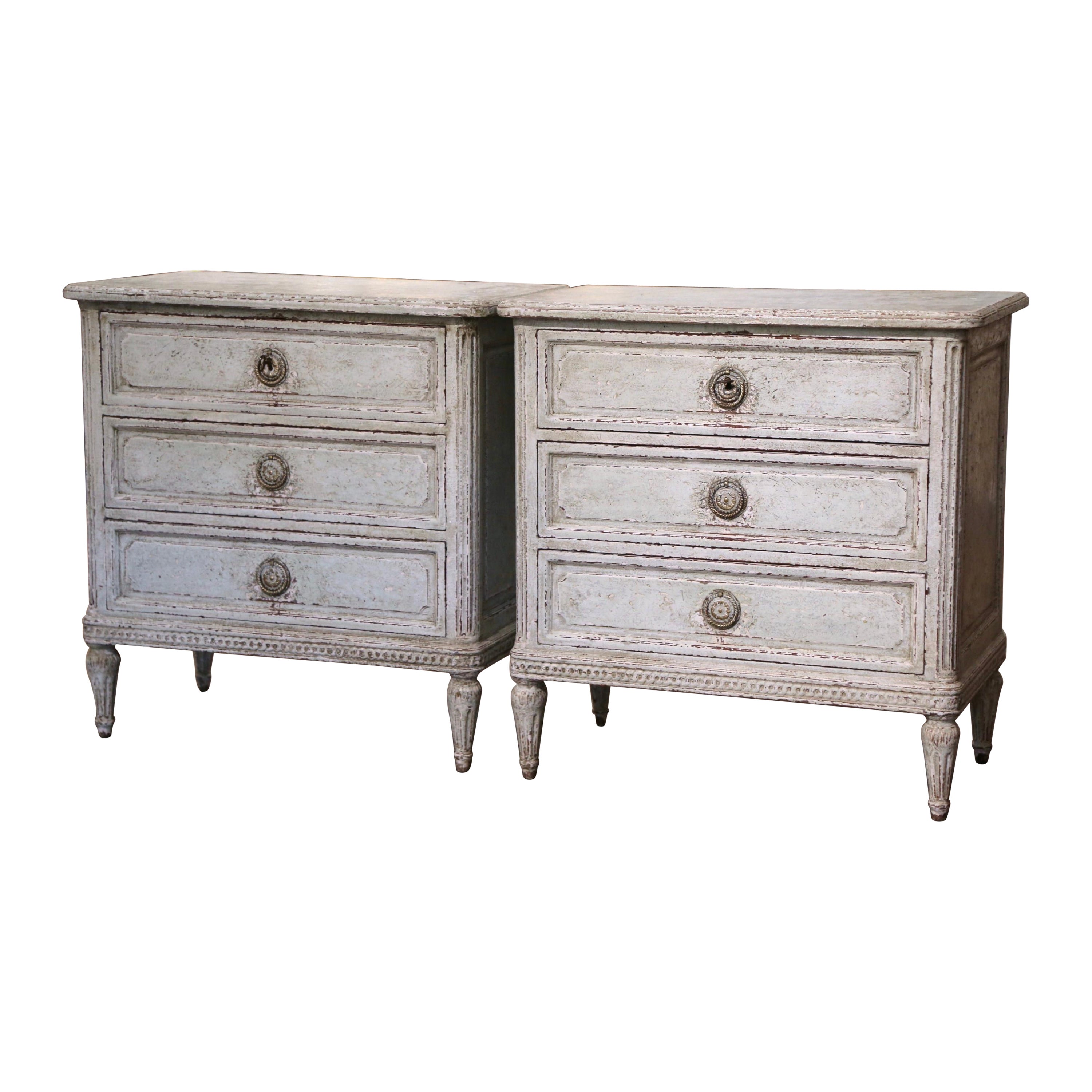 Pair of 19th Century French Louis XVI Hand Painted Chests of Drawers Nightstands