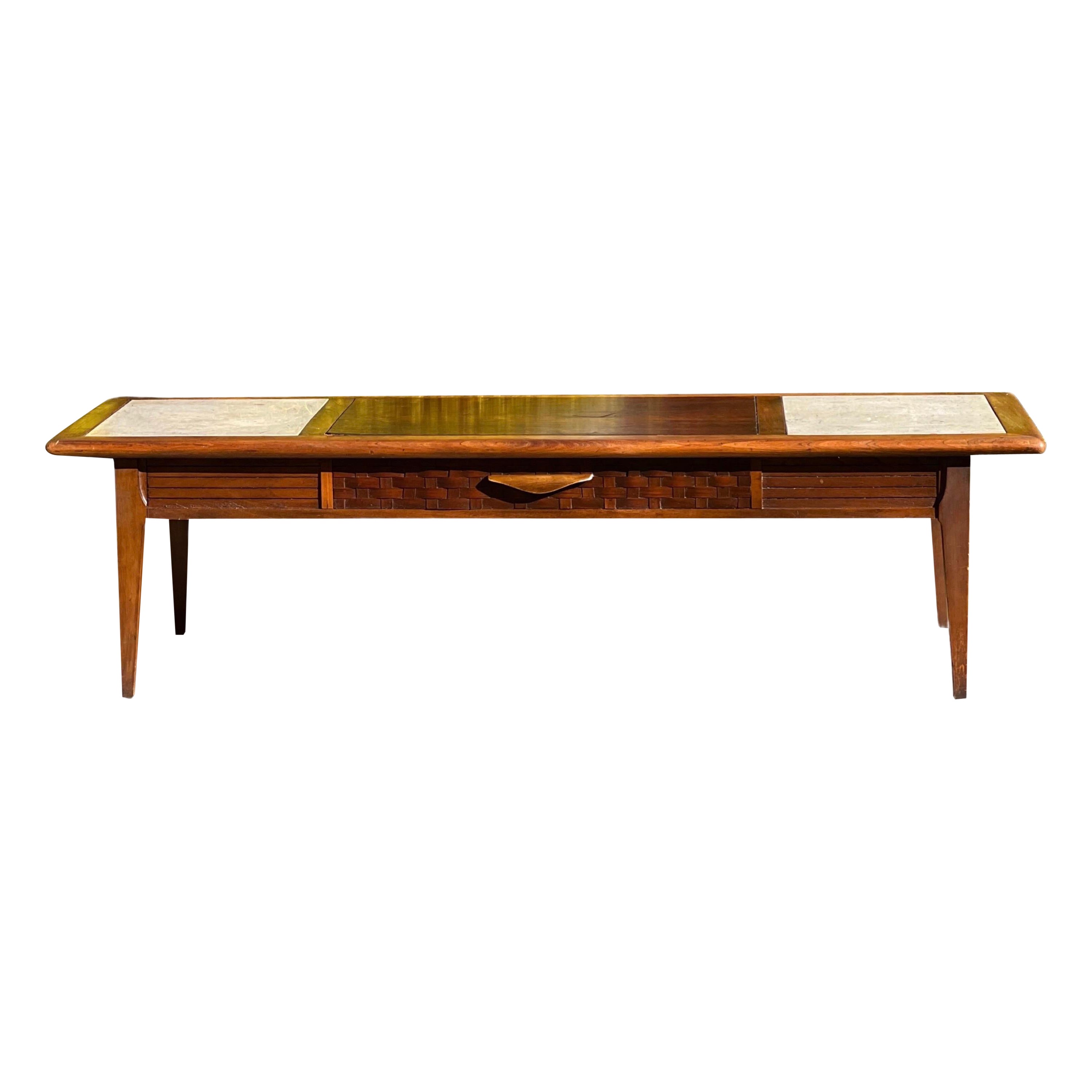 Mid Century Lane Style Walnut Coffee Table with Travertine Inserts For Sale