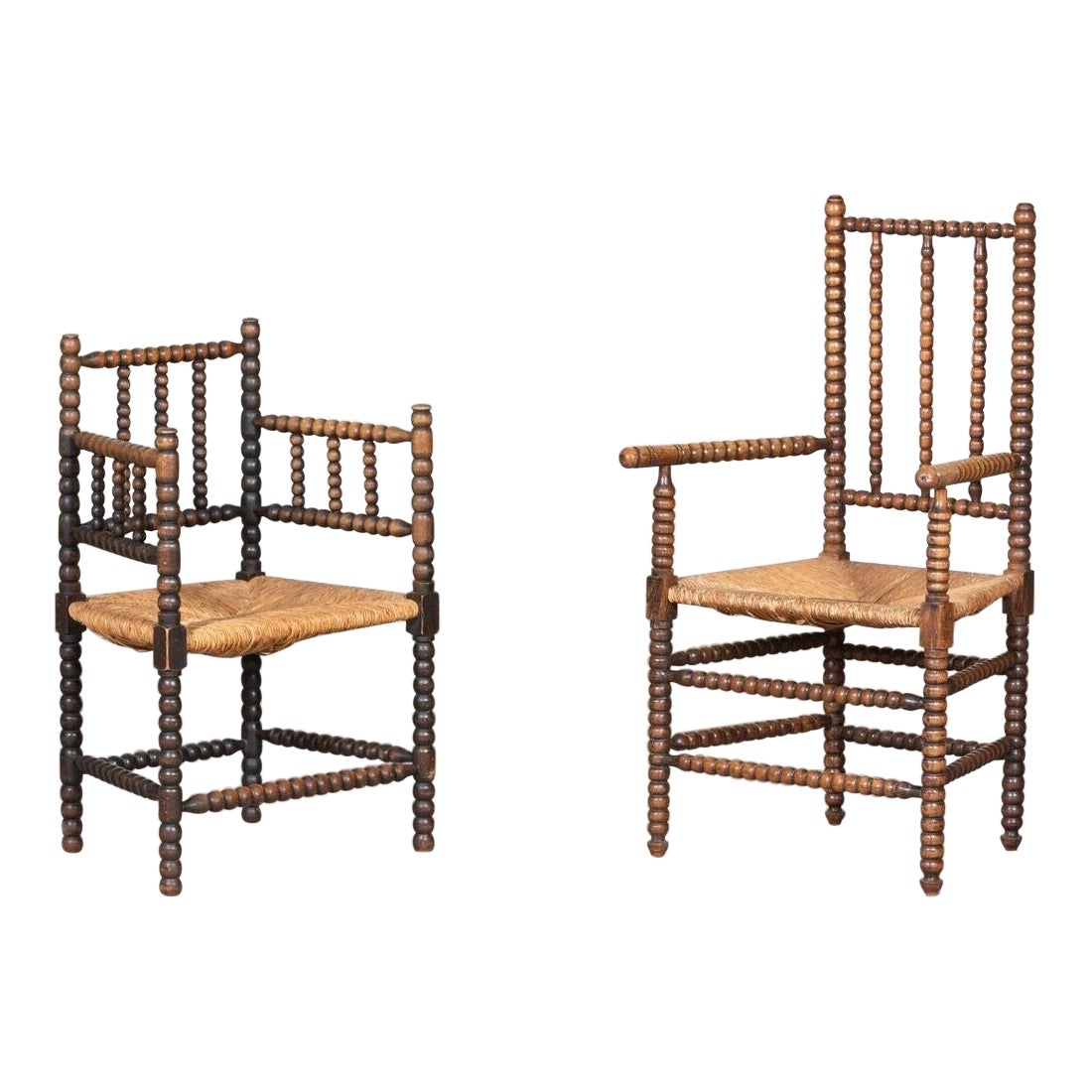 Near Pair 19thC Oak Arts & Crafts Bobbin Armchairs For Sale