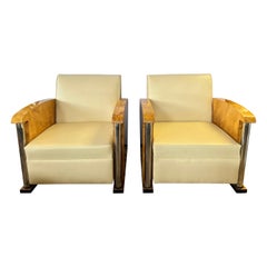 Pair of 20th Century Art Deco Burlwood Leather Club Chairs