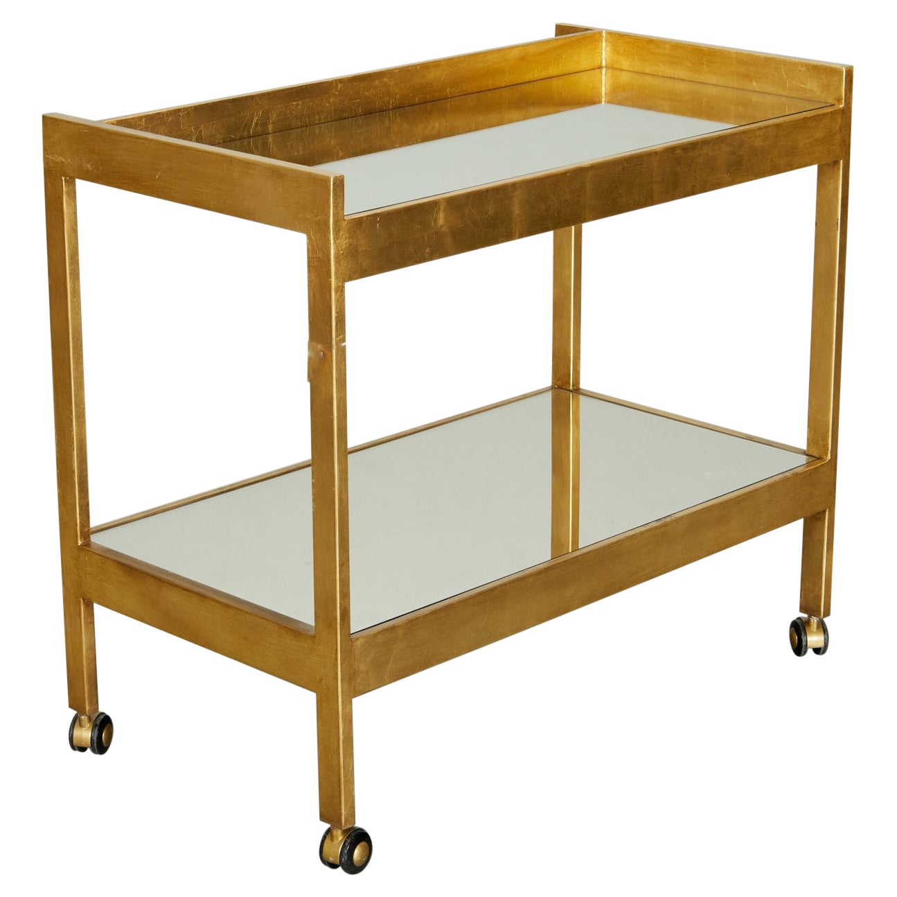 Contemporary Gold Leaf Bar Cart With Two Mirrored Shelves For Sale