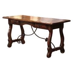 Antique Early 20th Century Spanish Carved Oak Writing Table Desk with Iron Stretcher