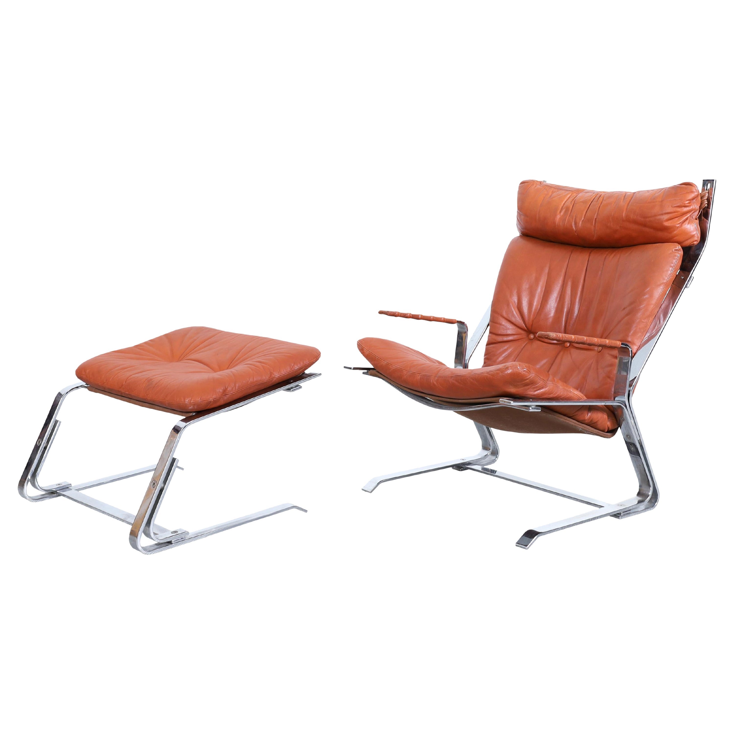 Midcentury Leather Lounge Chair and Ottoman by Elsa and Nordahl Solheim For Sale
