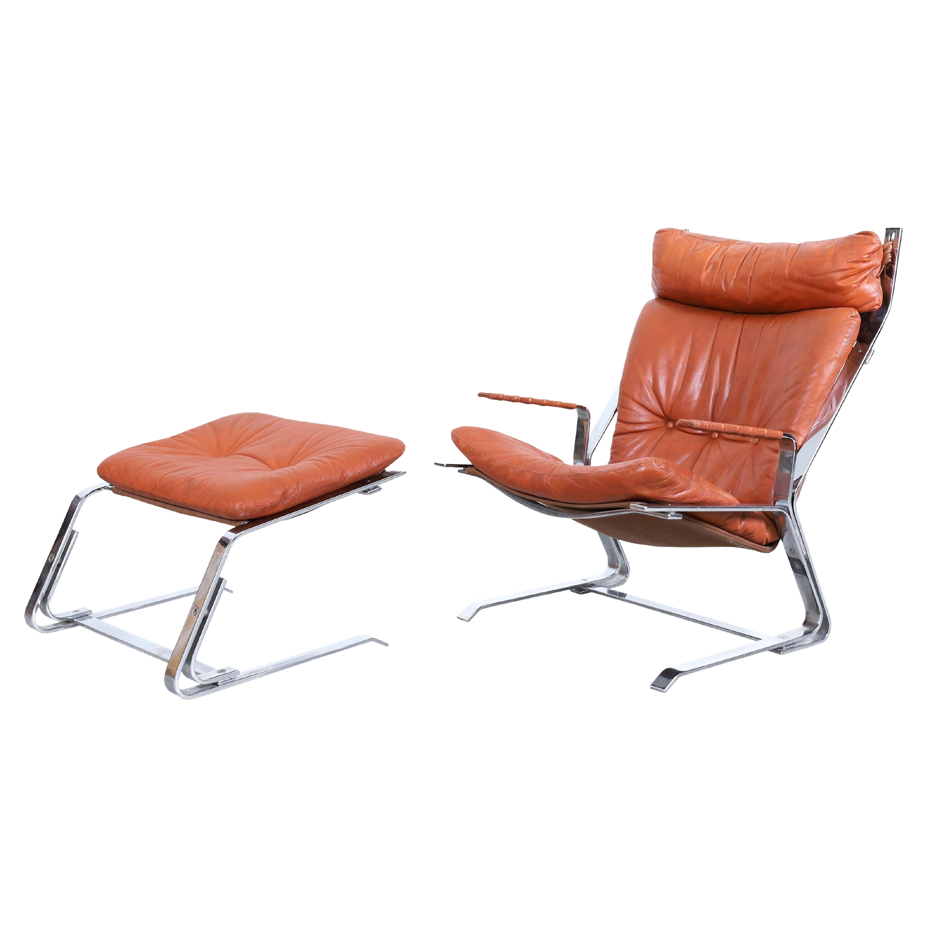 Midcentury Leather Lounge Chair and Ottoman by Elsa and Nordahl Solheim